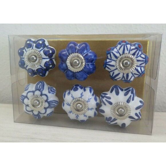 Jaipur Market Blue/White Design Ceramic Drawer Knobs, Set Of 6 - Picture 1 of 9
